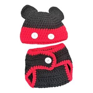 Handmade Crochet Baby Mickey Mouse Costume Set Newborn Size Black Red
